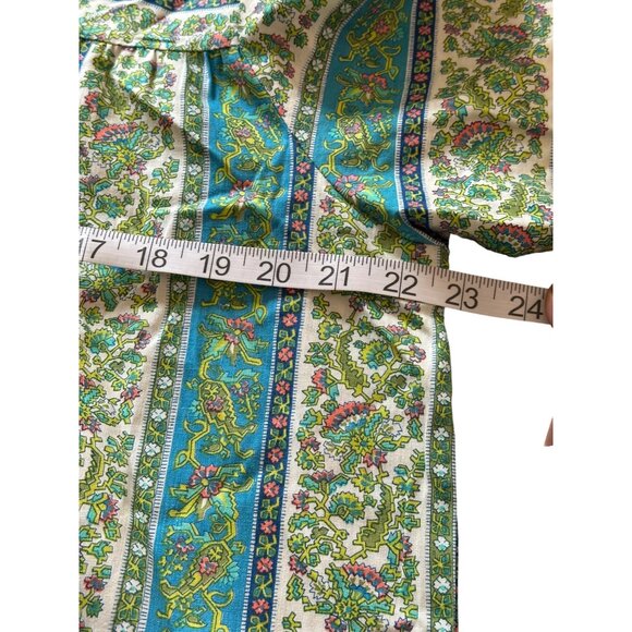 Vintage Green & Blue Floral Stripe House Dress Pockets Button Front Kaftan Sz M - Picture 3 of 8